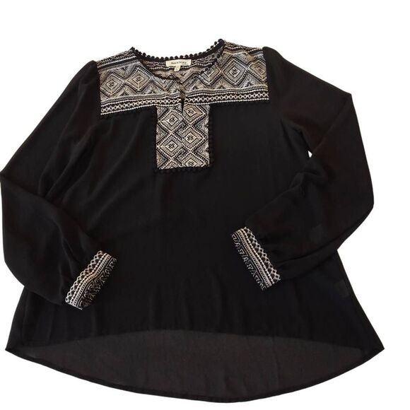 Monteau Womens Black Embroidered Long Sleeve Semi Sheer Blouse Size Medium - Picture 3 of 11